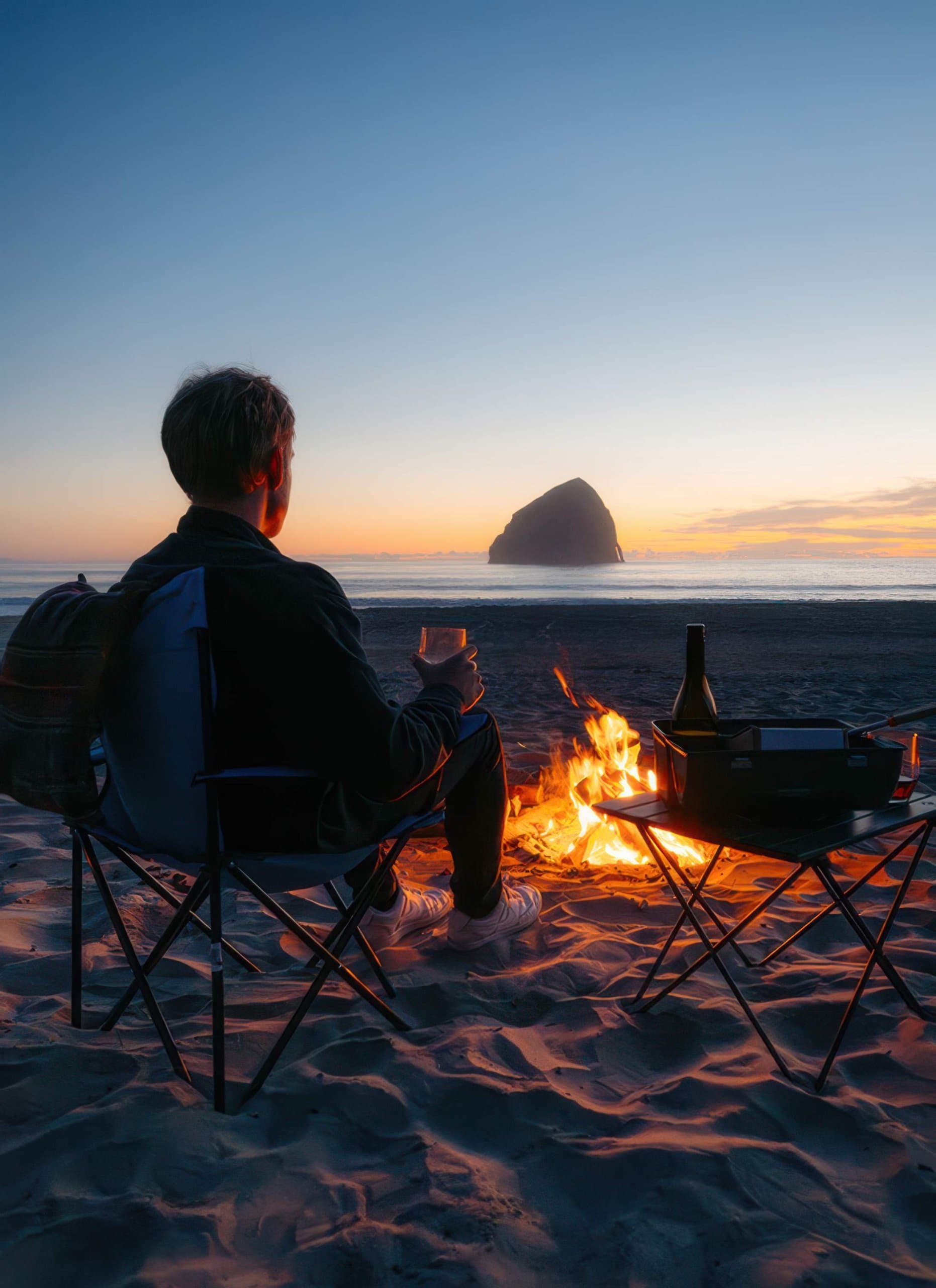 A man sitting in a chair looking out to the ocean with a glass of wine near Headlands