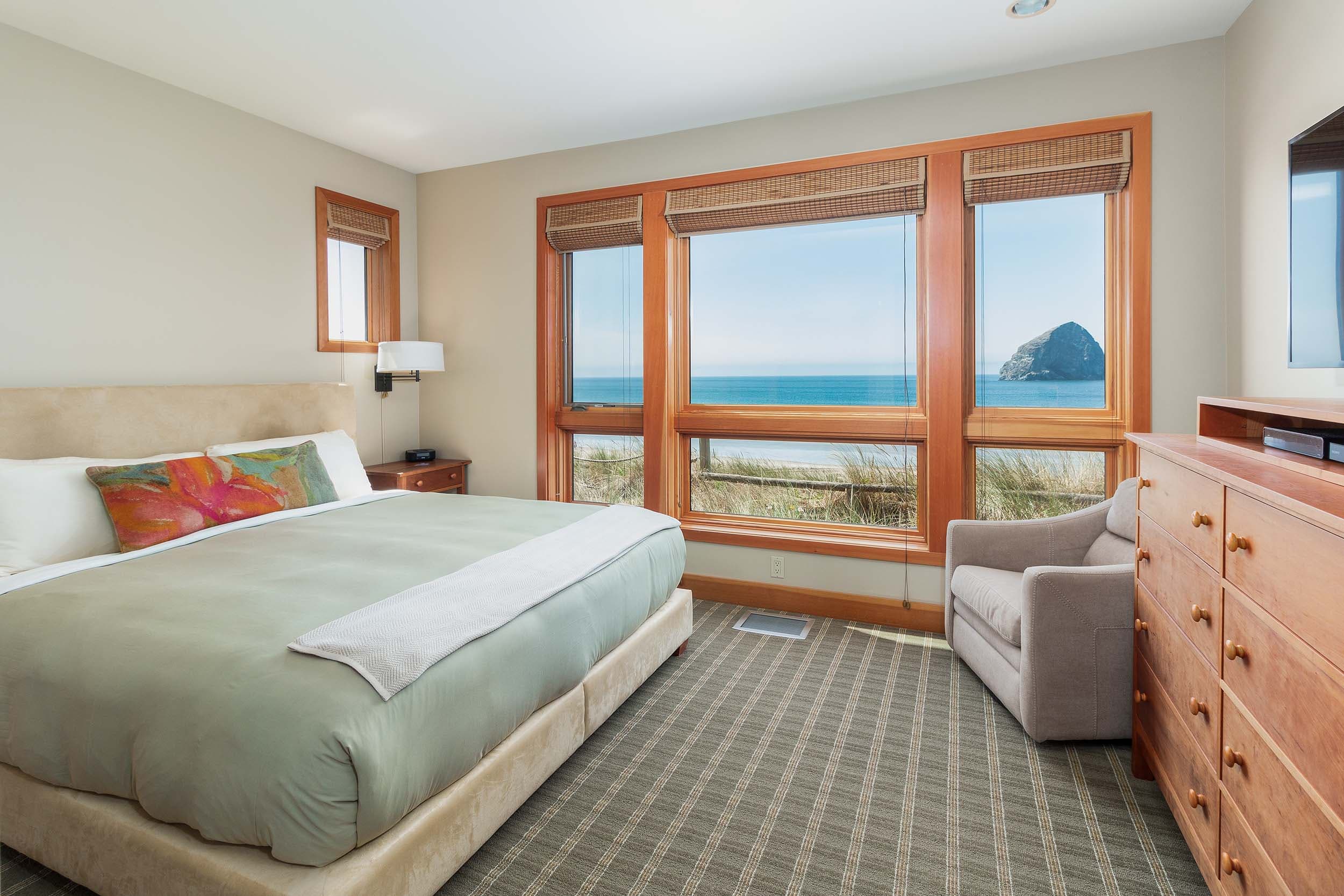 A room with a view of the ocean and haystack rock in a 3 bedroom grand cottage at Headlands