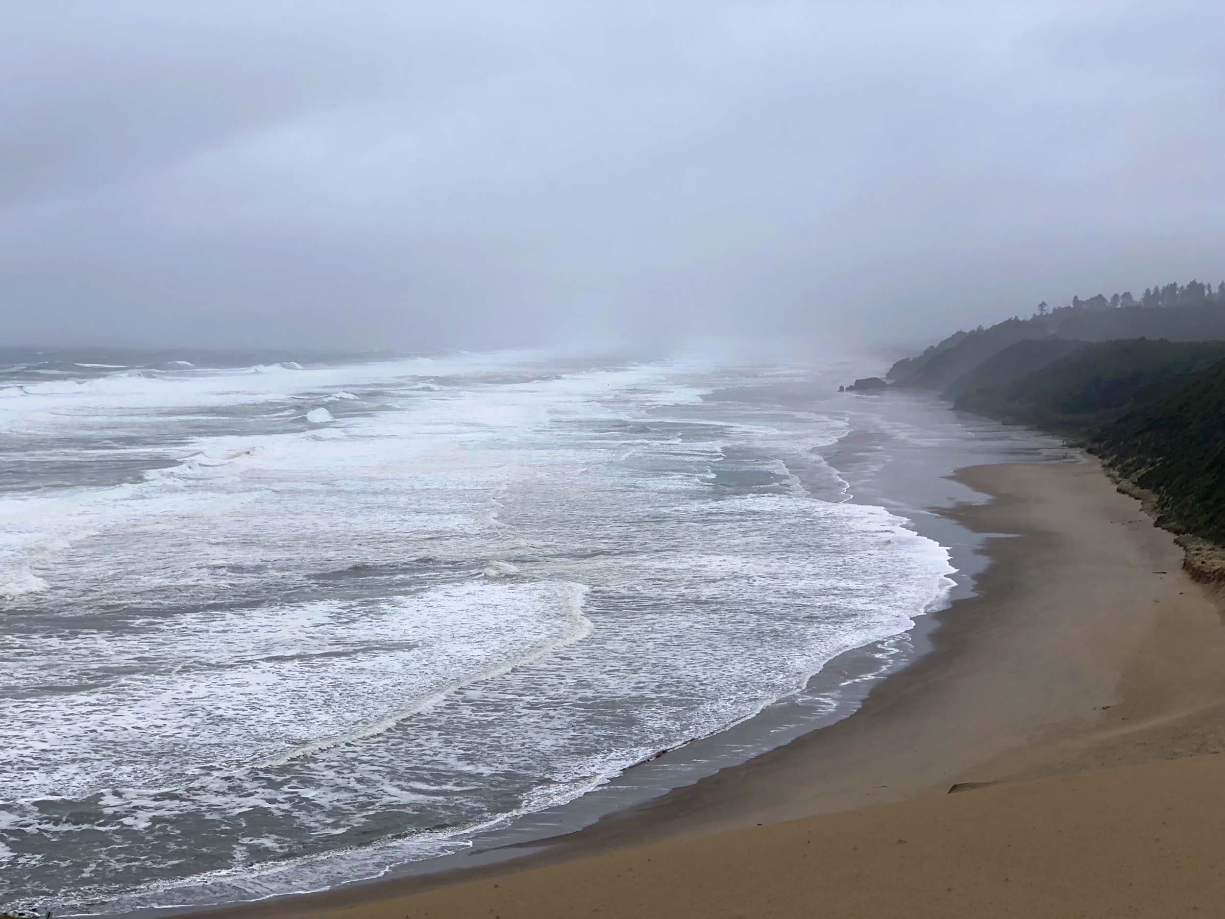 A foggy beach and high tide