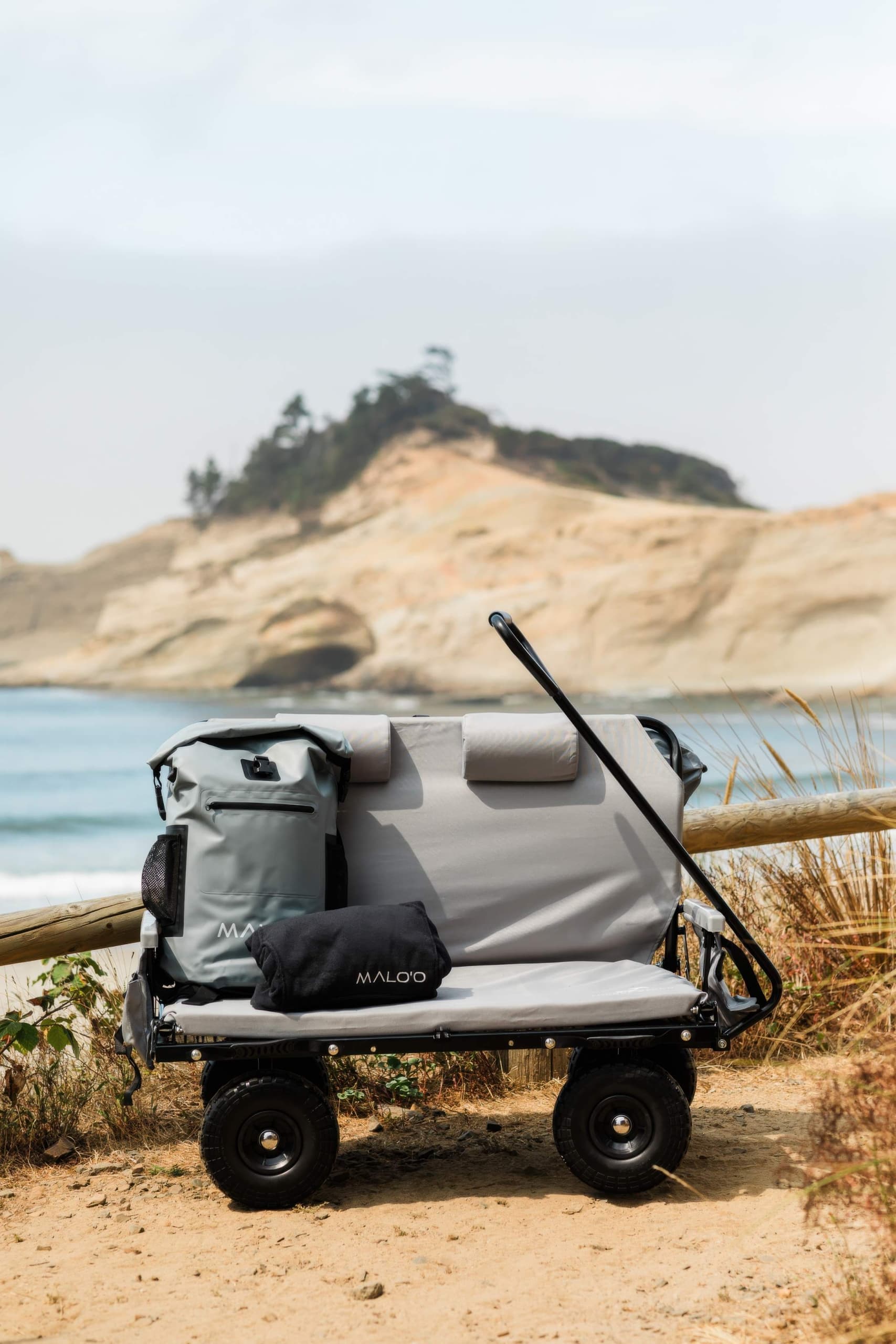 A beach wagon leaning against a wooden fence on the beach at Headlands