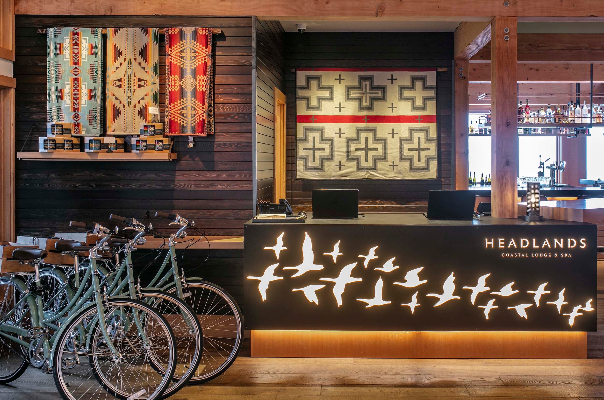 The Headland front desk with bikes beside for rental